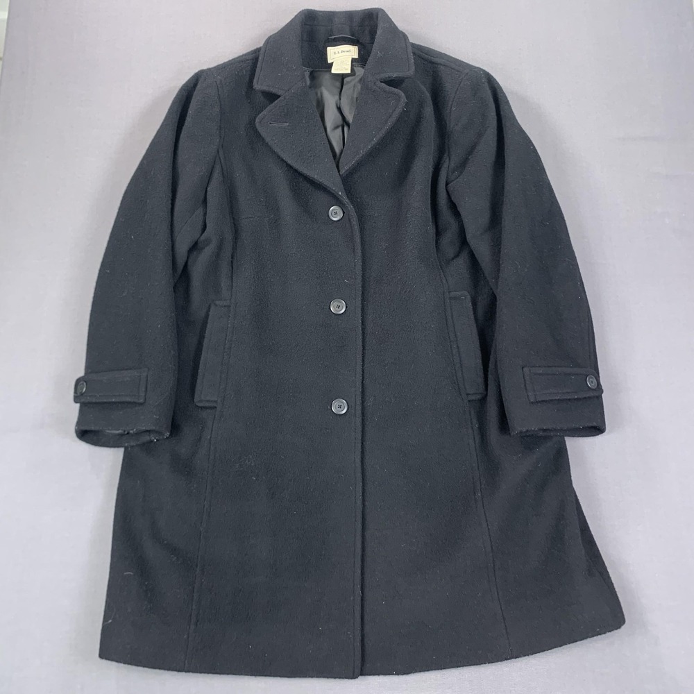 LL Bean Coat Men 1X Black Lambs Wool 3 Button Front Lined Winter Classic Trench